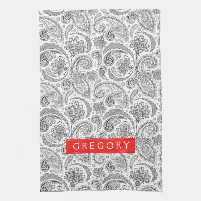 Linge De Cuisine Monogramme Blanc Et Gris Floral Paisley (Vertical)