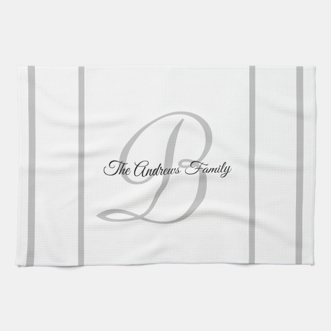 Linge De Cuisine Monogramme blanc gris simple personnalisé Nom de f (Horizontal)