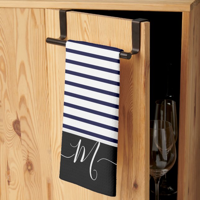 Linge De Cuisine Monogramme blanc marine rayé initial Cuisine (Pliage en tiers)