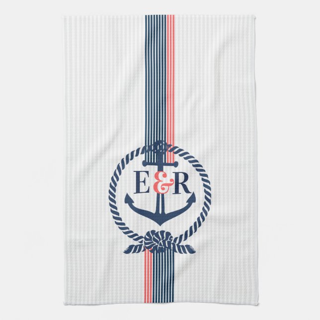 Linge De Cuisine Monogramme bleu Ancre nautique (Vertical)