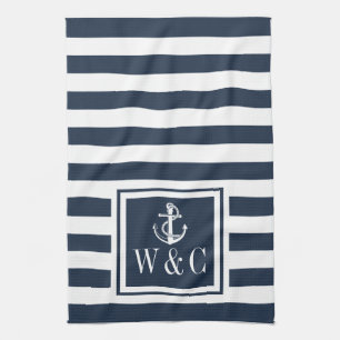 Linge De Cuisine Monogramme bleu marine rayure ancre nautique