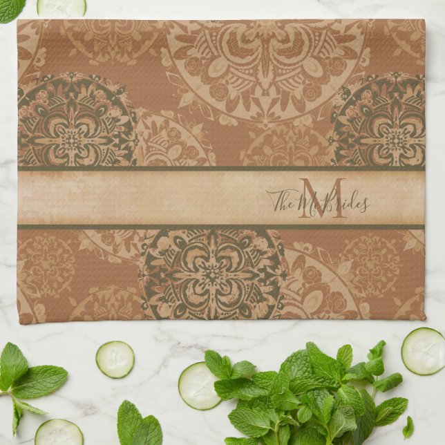 Linge De Cuisine Monogramme Boho foncé rouille Mandalas (Plié)