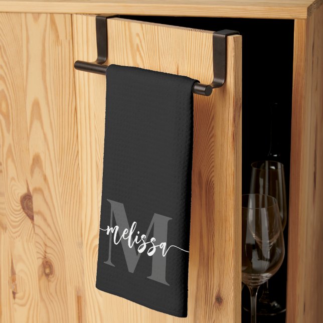 Linge De Cuisine Monogramme Brush Calligraphie noir (Pliage en tiers)