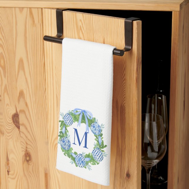 Linge De Cuisine Monogramme Chinoiserie couronne, grand-millénaire (Pliage en tiers)