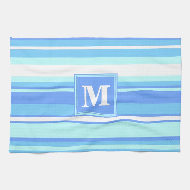 Linge De Cuisine Monogramme ciel bandes bleues (Horizontal)