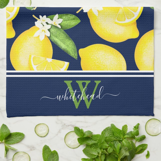 Linge De Cuisine Monogramme citron bleu marine (Plié)