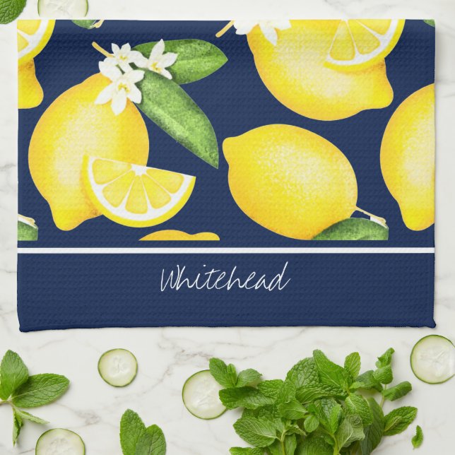 Linge De Cuisine Monogramme citron Motif botanique bleu marine (Plié)