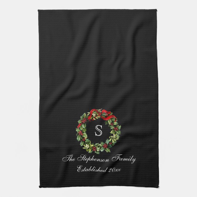 Linge De Cuisine Monogramme classique Holly Wreath Custom Christmas (Vertical)
