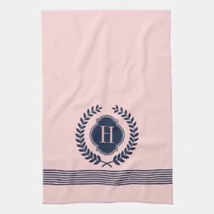 Linge De Cuisine Monogramme Couronne Bleue Foncé Et Rose Et Grilles
