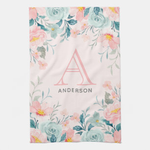 Linge De Cuisine Monogramme de bordure rose et vert