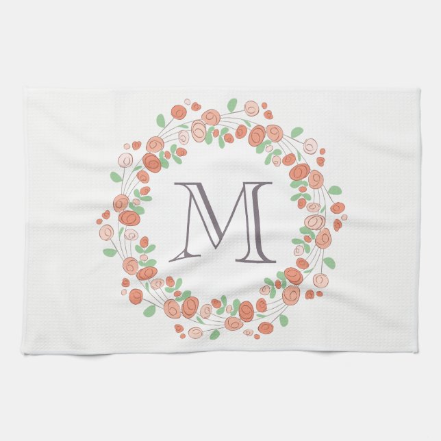 Linge De Cuisine monogramme de couronne de roses coralliens (Horizontal)