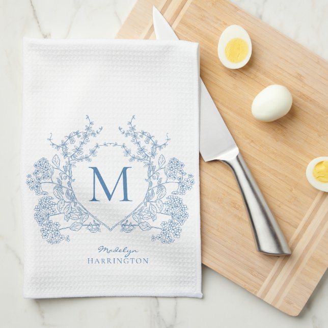 Linge De Cuisine Monogramme de crête Florale Bleu Français Classiqu (Quart Plié)