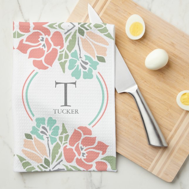 Linge De Cuisine Monogramme de famille floral printanier Cuisine ou (Quart Plié)