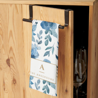 Linge De Cuisine Monogramme de fleurs d'aquarelle bleu marine