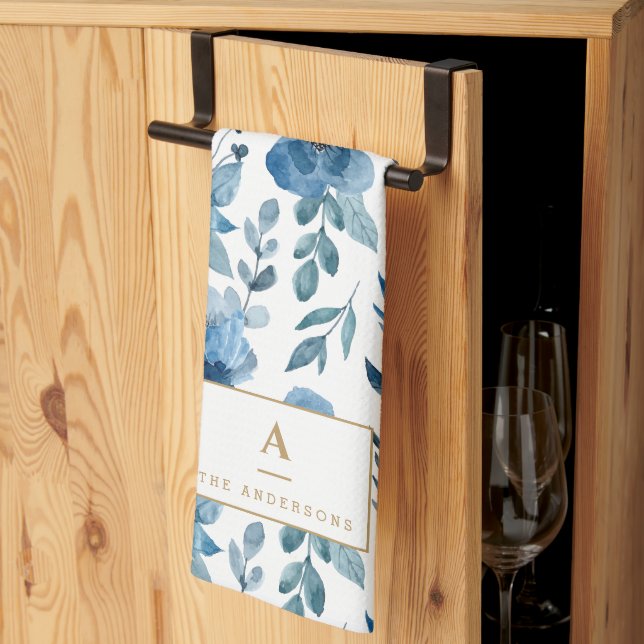 Linge De Cuisine Monogramme de fleurs d'aquarelle bleu marine (Pliage en tiers)