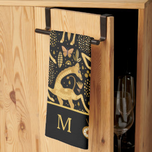 Linge De Cuisine Monogramme de girafe en or noir exotique