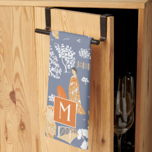 Linge De Cuisine Monogramme de la pagode de la Chinoiserie orange e