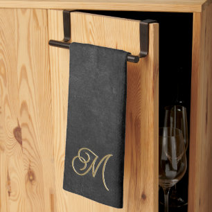 Linge De Cuisine Monogramme de luxe minimaliste noir & or Vintage