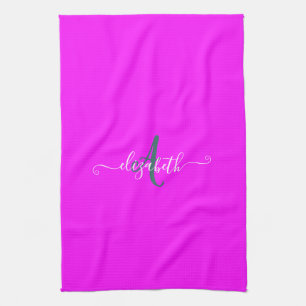 Linge De Cuisine Monogramme de néon rose fluorescent