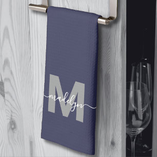 Linge De Cuisine Monogramme de nom bleu marine