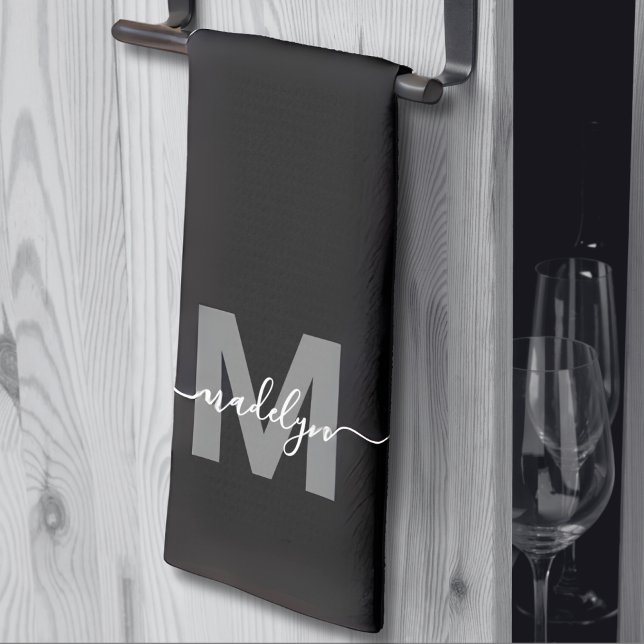 Linge De Cuisine Monogramme de nom noir blanc (Black White Name Monogram kitchen towel)