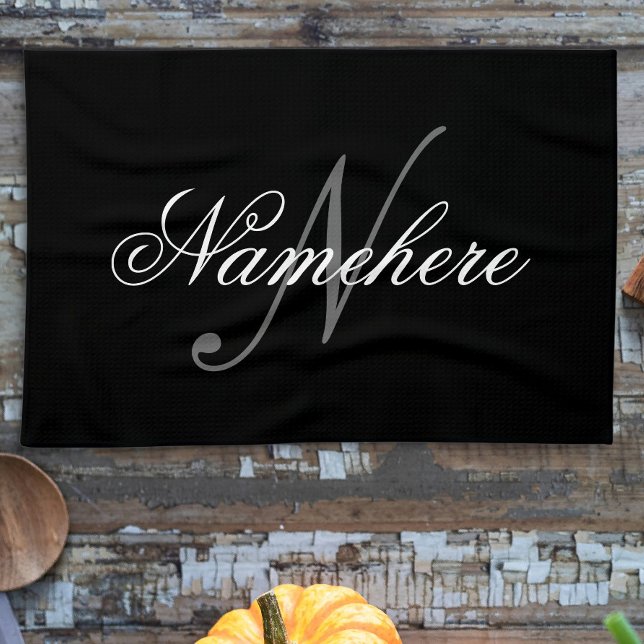 Linge De Cuisine Monogramme de nom noir et blanc personnalisé uniqu (Créateur téléchargé)