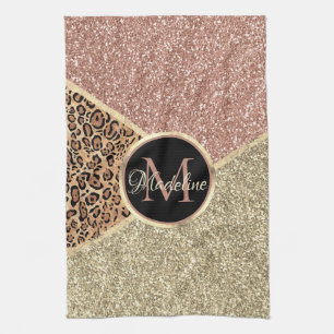 Linge De Cuisine Monogramme de Parties scintillant de léopard Rose 