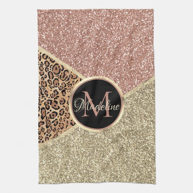 Linge De Cuisine Monogramme de Parties scintillant de léopard Rose  (Vertical)