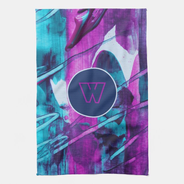 Linge De Cuisine Monogramme de pinceau bleu rose Abstrait moderne (Vertical)