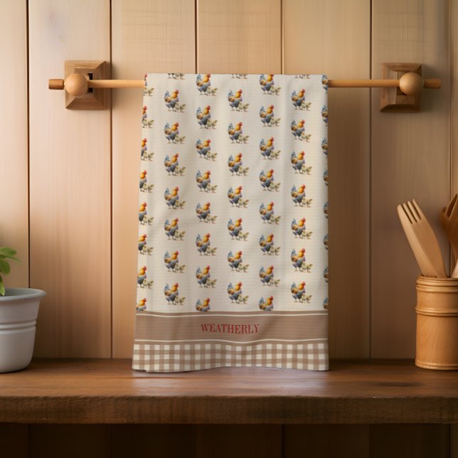 Linge De Cuisine Monogramme de poulet de pays rustique | Nom (Rustic Country Checks Chicken and Chicks Monogram or Name Kitchen Towel)