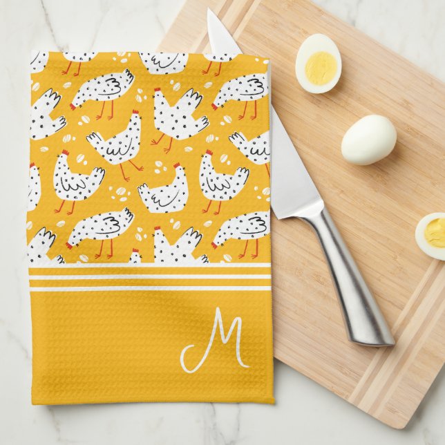 Linge De Cuisine Monogramme de poulet rétro personnalisé (Quart Plié)