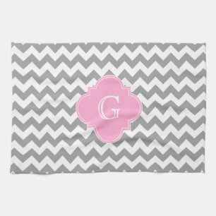 Linge De Cuisine Monogramme de Quatrefoil rose Chevron Gris Whats