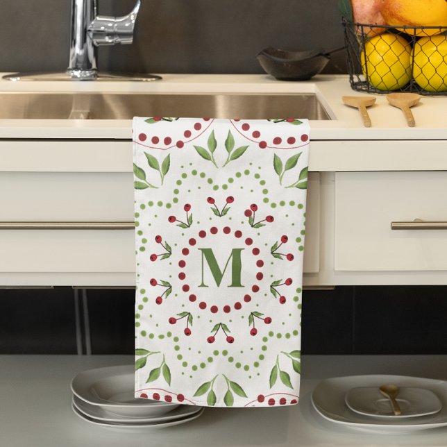 Linge De Cuisine Monogramme de vacances rouge et vert personnalisé (Simple monogram Holiday greenery mandala kitchen towel.)