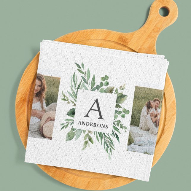 Linge De Cuisine Monogramme deux photos | Cadre de verdure personna (Créateur téléchargé)