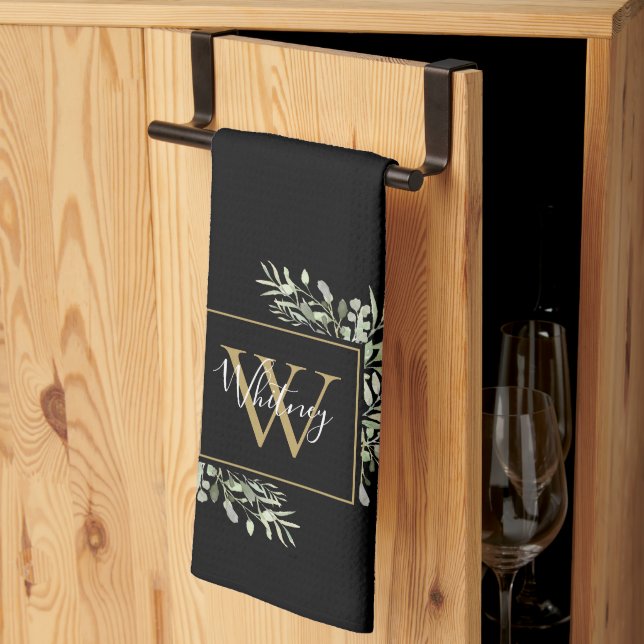 Linge De Cuisine Monogramme d'or noir personnalisé Vert Floral (Pliage en tiers)