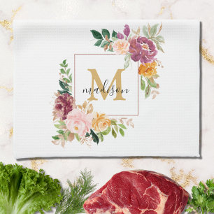Linge De Cuisine Monogramme Elegant Aquarelle Rose Floral Botanique