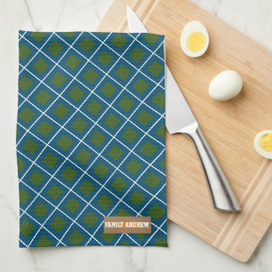 Linge De Cuisine Monogramme élégant diamant motif bleu famille