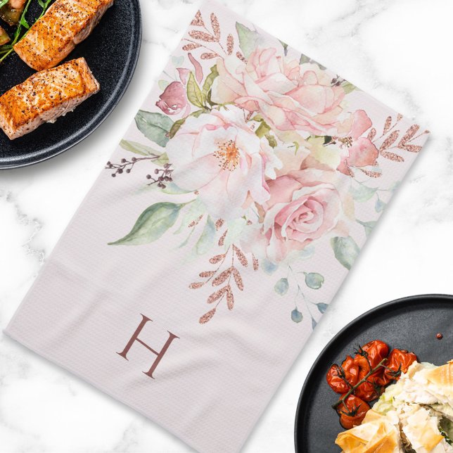 Linge De Cuisine Monogramme Elégant rose Peony Floral (In situ)