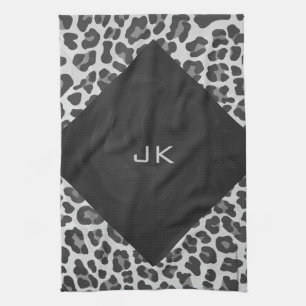 Linge De Cuisine Monogramme Empreinte de léopard noir et blanc