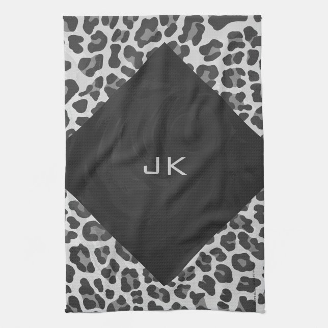 Linge De Cuisine Monogramme Empreinte de léopard noir et blanc (Vertical)
