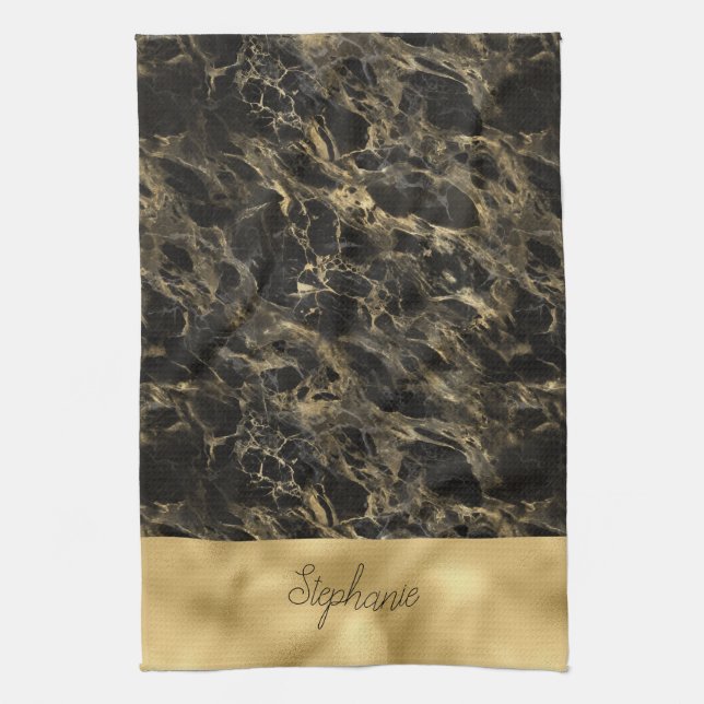 Linge De Cuisine Monogramme en marbre noir et or (Vertical)