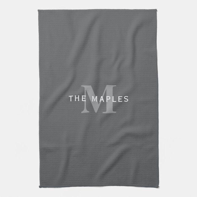Linge De Cuisine Monogramme et nom gris foncé moderne (Vertical)