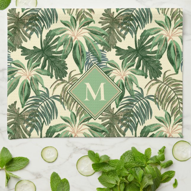 Linge De Cuisine Monogramme Feuille de palme tropicale (Plié)