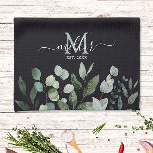 Linge De Cuisine Monogramme feuilles de eucalyptus vert sauge  