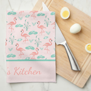 Linge De Cuisine Monogramme Flamants roses roses Green Palm Feuille