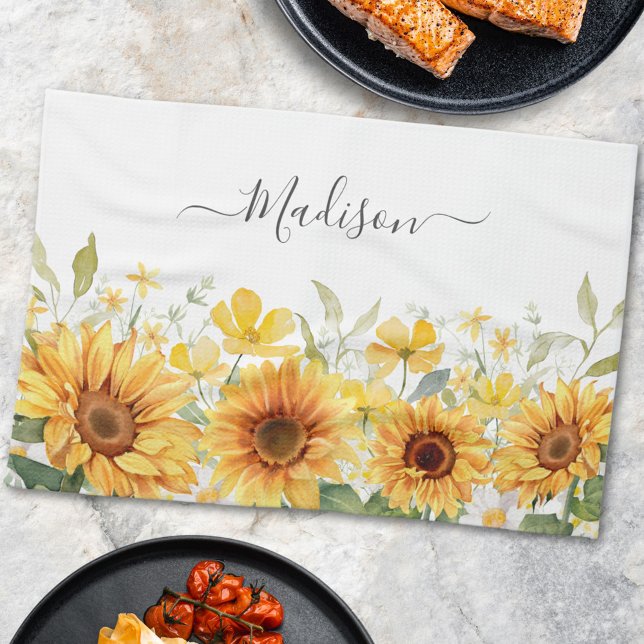 Linge De Cuisine Monogramme Fleur Jaune Tournesol Floral Botanique (In situ)