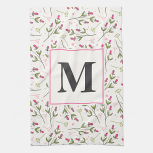 Linge De Cuisine Monogramme Fleur sauvage rose et vert à longue tig