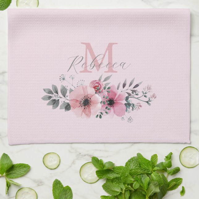 Linge De Cuisine monogramme floral chic couleur rose pâle (Plié)