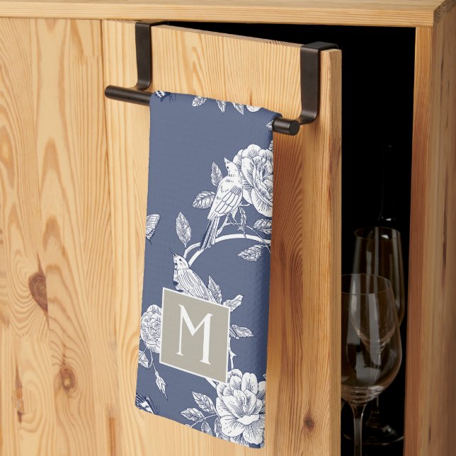 Linge De Cuisine Monogramme floral de la Chinoiserie bleue (Pliage en tiers)