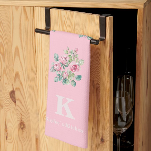 Linge De Cuisine Monogramme floral rose pâle (Pliage en tiers)